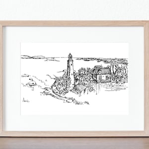 Nova Scotia Lighthouse Art / 5x7 o 8x10 Ink a inchiostro in bianco e nero Stampa della costa atlantica del Canada su carta ad acquerello strutturata