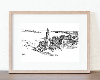 Nova Scotia Lighthouse Art | 5x7 Or 8x10 Black And White Line Ink Illustration Print of Atlantic Canada Coastal On Textured Watercolor Paper