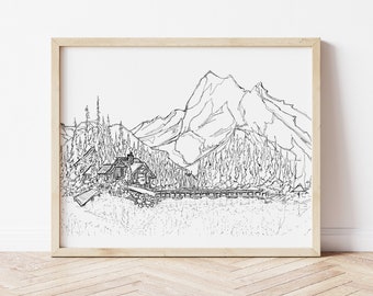 Emerald Lake Lodge Yoho National Park Art | 5x7 Or 8x10 Illustration Print Of Rocky Mountains On Textured Watercolor Paper | Travel Poster