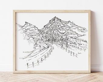 Fraser Valley Ranch Art | 5x7 Or 8x10 Ink Pen Illustration Print of British Columbia Mountains On Textured Watercolor Paper | Travel Poster