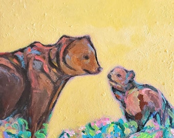 Bear And Cub Painting | Original Impressionist Acrylic Wall Art | Nature | 8 x 8