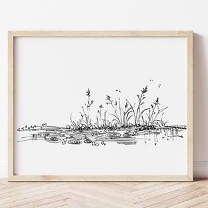 | d’art Rain On Pond Ink Impression d’illustration noir et blanc 5x7 ou 8x10 sur un dessin au trait simple sur du papier aquarelle texturé | Affiche minimaliste