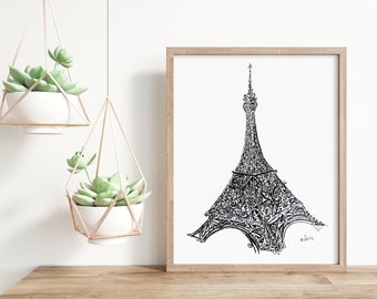 Unique Eiffel Tower | 5x7 Or 8x10 Black Ink Pen Illustration Print of France Paris Landmark On Textured Watercolor Paper | Travel Poster