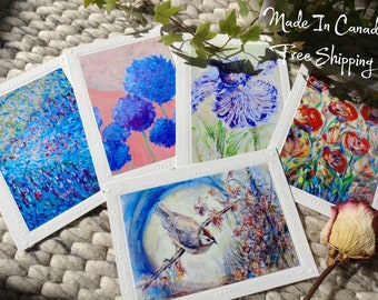 5 Set Flowers And Bird Garden Greeting Cards - 5 x 7 Blank Cards With Artisan Envelopes - Card For Everyone - Made In Canada By Artist