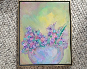 Pastel Like Flowers Painting, Golden Floating Frame Douglas Fir, Original Impressionist Acrylic Painting, Canvas 20 x 16, Made In Canada