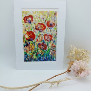 JollyRed Poppies Flowers Print, Peinture acrylique montée sur tapis 5 x 7 avec dos, Souvenir, Art de la plante des champs, Petit cadeau, Fabriqué au Canada