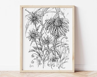Purple Coneflowers Rain Art | 5x7 Or 8x10 Floral Illustration Print Of Black Line Drawing On Textured Watercolor Paper | Botanical Poster
