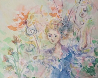 Garden Fairy Painting - Fairy Tale Art - Fantasy Original Painting - Dancing Fairy Wall Art - Garden Fairy On Watercolor Paper