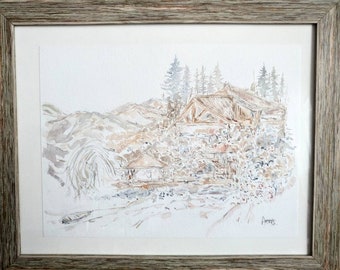 Vernon Lakefront Chalet Watercolor Painting, Canada Landscape Art, 14 x 17 With Frame, Rustic Charm, Cottage Decor, Nature Lover