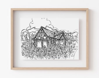 Log Cabin Art | 5x7 Or 8x10 Ink Illustration Print of Whimisical Flowers Fields On Textured Watercolor Paper | Cottage House Poster