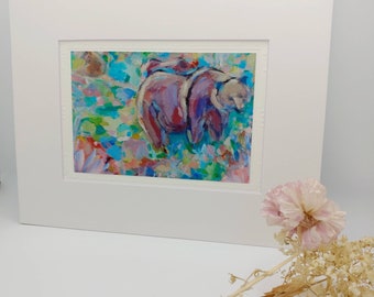 3 Grizzlies Bears Flowers Woodland Painting, Print Mounted On 8 x 10 Mat. Nursery Decor, Animal Lover, Alberta Wildlife Art, Made In Canada