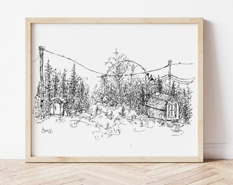 Winter Garden Sheds Art | 5x7 Or 8x10 Ink Illustration Print of Canada Alberta Sunset On Textured Watercolor Paper | Travel Scenic Poster