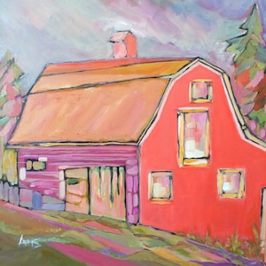 Alberta Red Barn Landscape Painting On Canvas / Original Bold Impressionist Fine Art