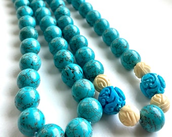 Natural Turquoise Round Beads Hand Strung and Hand Knotted Turquoise Necklace with Silver Toggle Clasp approx 19" long
