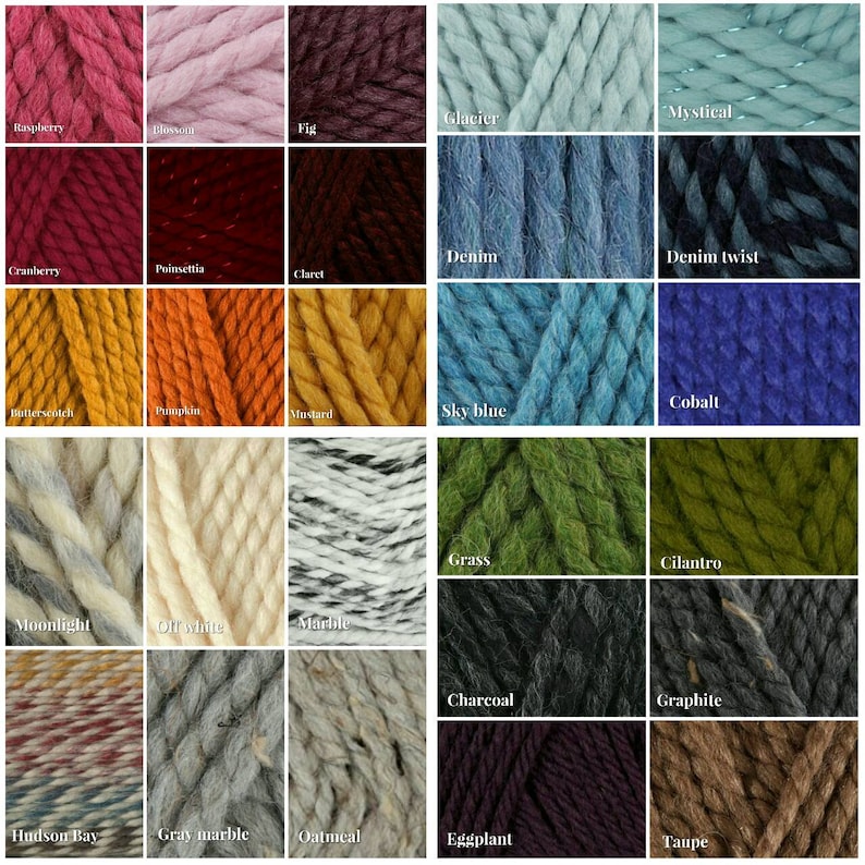 May include: A color chart of yarn samples in various colors and textures, including raspberry, glacier, cranberry, denim, pumpkin, sky blue, moonlight, grass, charcoal, eggplant, and more.