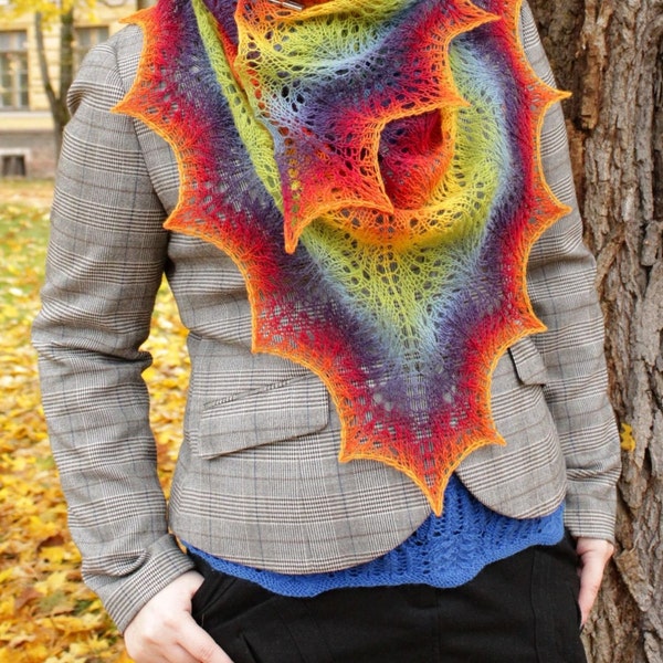 Knitted lace shawl, Rainbow wool shawl, Rainbow scarf, Boho shawl, Wool wrap, Lace wrap, Gradient shawl, Fall winter fashion