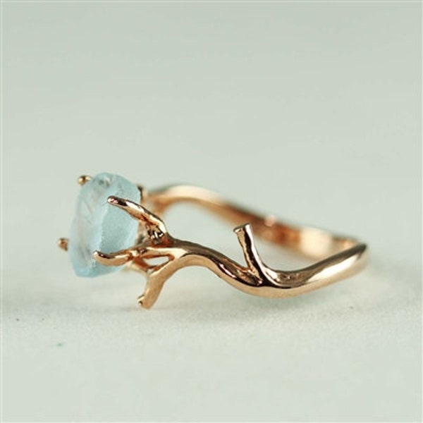 Unique Branch and Natural Blue Topaz Ring, branch ring, nature, rose gold, unique, gemstone, topaz, birthstone, raw cut, uncut, rough cut