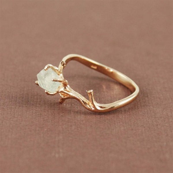 Unique Branch and Natural Green Amethyst Ring, branch ring, nature, rose gold, unique, gemstone, raw cut, uncut, rough cut