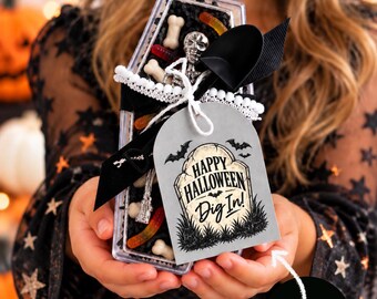 Halloween Gift Tags, Dig In Tombstone Tag, Kids Halloween Favor Tag, Spooky Treat Bag Tags, Halloween Gift Packaging - PRINTED