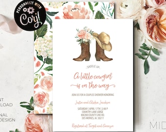 Cowgirl Baby Shower Invitation, Saddle up baby shower, Country, Rustic, Girl Invitations - Digital Download