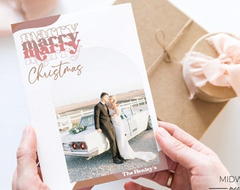 Retro Marry Christmas Card, Marry Christmas Photo Card Template, Modern Photo Wedding Card - Digital Download