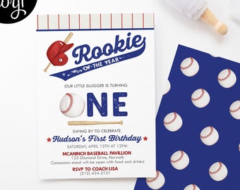 Rookie of the Year First Birthday Party Invite, Baseball Party, Editable Invitation Template, First Birthday - Digital Download