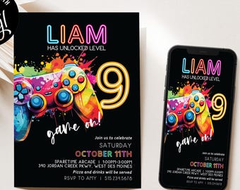 Editable Video Game Birthday Invitation: Neon Arcade Party (Digital Download 5x7, Phone Invite)