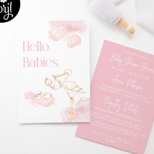 TWIN BABY GIRL Stork Shower Invite Template, Editable Template, Stork Invite, Twin Shower, Babies On The Way, It&#39;s a Girl - Digital Download