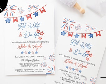 May include: Red, white, and blue themed invitation for a couples shower honoring Jordan and Angela. The invitation features a watercolor design with fireworks, stars, and bunting. The text reads "Red, White & Due" and includes the date, time, and location of the event.