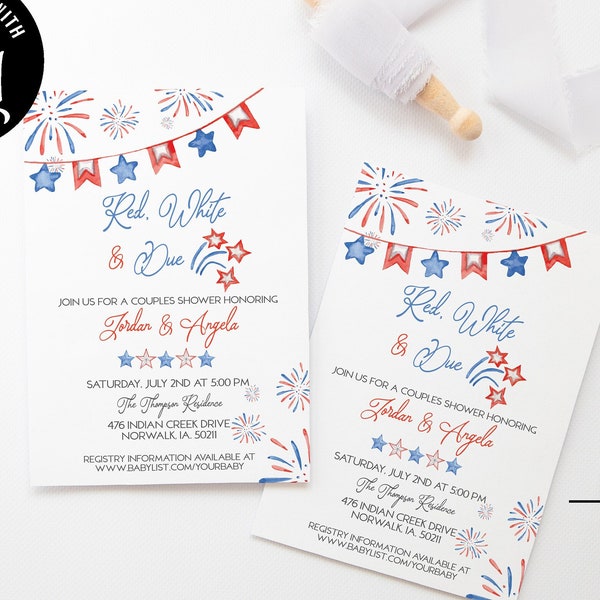Red, White, & Due Baby Shower Invitation, Fourth of July shower invite, Patriotic Invite, Baby Boy, Baby Girl Invitations - Digital Download