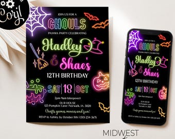 Neon Halloween Twin Birthday Invitation: Sleepover Party (Digital Download)