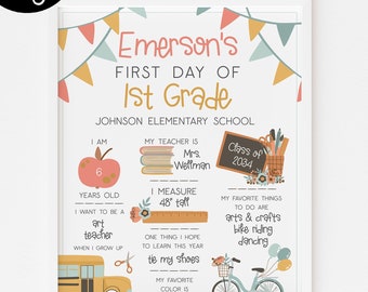Può includere: Un cartello stampabile per il primo giorno di scuola di un bambino di nome Emerson. Il cartello presenta un autobus scolastico, una bicicletta, un righello, un libro, una mela e una lavagna. Il cartello include il testo "Emerson's First Day of 1st Grade Johnson Elementary School".