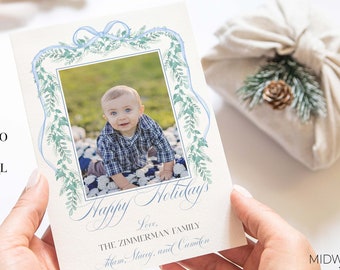 Blue Christmas Photo Card Template, Editable Templates, Blue Garland Card, Holiday Card, DIY Template - Digital Download