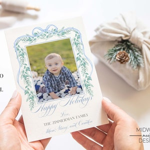 Blue Christmas Photo Card Template, Editable Templates, Blue Garland Card, Holiday Card, DIY Template - Digital Download