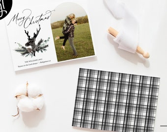 Deer Antler Holiday Photo Card Template, Farmhouse Christmas Photo Card Template, Minimalistic Holiday Card - Digital Download