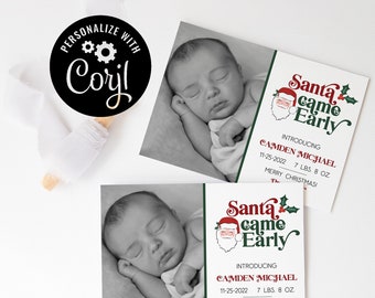 Editable Holiday Birth Announcement Card, Santa Came Early, Christmas Card Template, Photo Birth Announcement