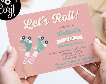 Rollerskate Birthday Invitation Template, Skate Party, Girls Birthday Party, Retro Roller Skate Invitation - Digital Download