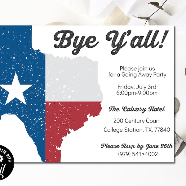 Texas Going Away Invitation Template, Texas BBQ, Moving Party, Going Away Dinner - Digital Download