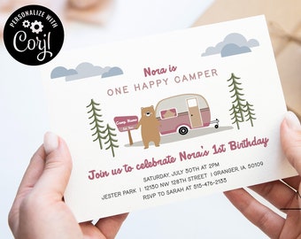 PINK One Happy Camper Birthday Party Invite, Editable Invitation Template, First Birthday, Birthday Invite - Digital Download