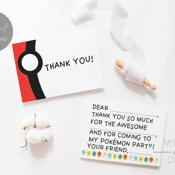 Pokemon Party Printable - Thank You Card Template - Digital Download