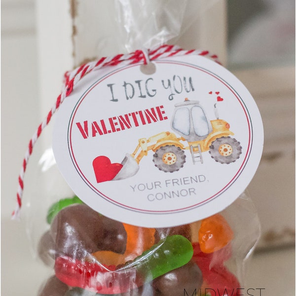 I dig you valentine yellow tractor tags, kid's valentine's day gifts to class, construction valentine, instant download to print digital