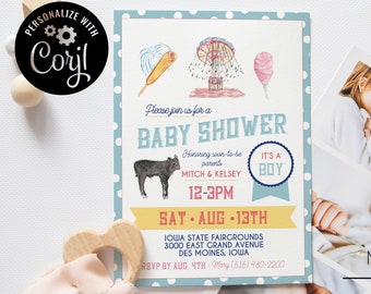 May include: A blue and yellow baby shower invitation with white polka dots. The invitation features a cartoon illustration of a carnival with a Ferris wheel, cotton candy, and a corn dog. The text on the invitation reads "Please join us for a Baby Shower Honoring soon-to-be parents Mitch & Kelsey 12-3PM Sat. Aug. 13th Iowa State Fairgrounds 3000 East Grand Avenue Des Moines, Iowa RSVP by Aug 4th: Mary (615) 480-2200 It's a Boy"