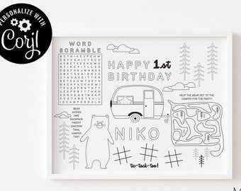 Editable One Happy Camper Birthday Coloring Page Template, Placemat Coloring Page, First Birthday Camper - Digital Download