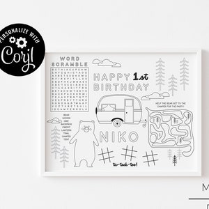 Editable One Happy Camper Birthday Coloring Page Template, Placemat Coloring Page, First Birthday Camper - Digital Download