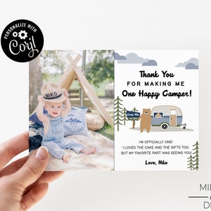 Ein glücklicher Camper Danke Fotovorlage, bearbeitbare Danke Postkarte, erster Geburtstag Camper - Digitaler Download