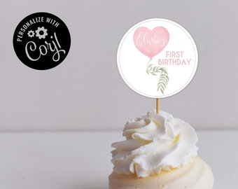 Sweetheart 1st Birthday Cupcake Topper, Sticker/Tag, Girl First Birthday, Girl Valentine First Birthday, Heart Birthday - Digital