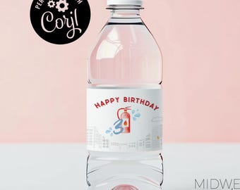 Firefighter Water Bottle Label Template | Firetruck, Fire Engine, Sound The Alarm, Firefighter themed Birthday | Instant Digital Download