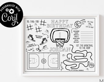 Editable Basketball Coloring Placemat, Basketball Birthday Party, Coloring Page, Custom Printable, Activity Mat - Digital Download