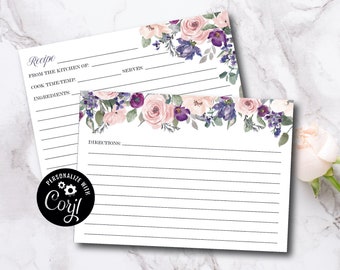 Bridal Shower Recipe Card Download, Purple Garden Bridal Shower, Floral Recipe card, Recipe Card printable - Digital Download