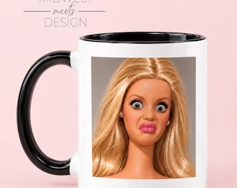 Disgusted Doll Face Blonde Mug 11 oz. (Black + White), Funny Office Mug